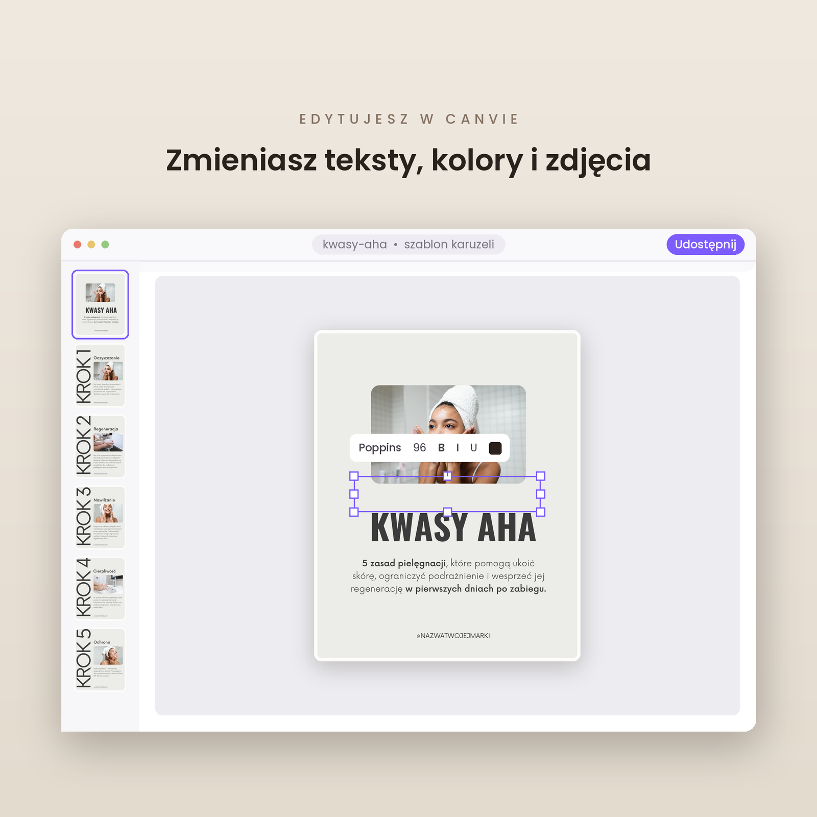 Szablon karuzeli kosmetycznej Canva — pielęgnacja po kwasach AHA - obrazek 5